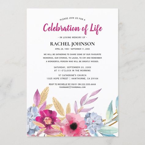 Watercolor Flowers Memorial | Celebration of Life Invitation - tap/click to get yours right now! #Invitation #ad #funeral, #celebration #of #life, Celebration Of Life Invitations Template, Celebration Of Life Invitations, Service Ideas, Funeral Invitation, Flyer Design Layout, Celebration Ideas, Shop Watercolor, Loving Memory, Memorial Service