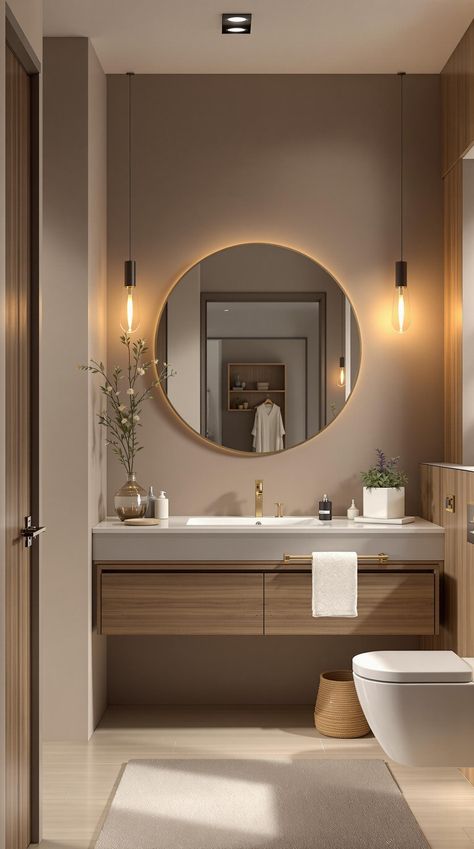 Neutral Bathroom Decor Ideas Spa Modern Bathroom, Guest Bathroom Organic Modern, Bathroom Inspo Aesthetic Vintage, Apartment Decor Neutral Colors, Bathroom Ideas Realistic, Brown Cream And Gold Bathroom, Relaxing Bathroom Design, Modern Earth Tone Bathroom, Toilet Design Interior