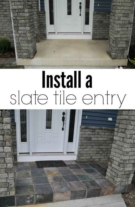 39 Budget Curb Appeal Ideas That Will Totally Change Your Home. I like the idea of concrete stain. Tile Entry, Add Curb Appeal, Diy Curb Appeal, Mobil Home, Slate Tile, Porch Patio, Diy Home Improvement, Cheap Home Decor, Future House