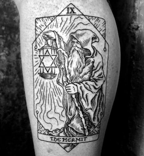 The Hermit Tarot Card Tattoo, Hermit Tarot Card Tattoo, The Hermit Tarot Tattoo, Hermit Tattoo, Occult Tattoos, Single Tattoos, Tarot Tattoos, Esoteric Tattoo, Led Zeppelin Tattoo