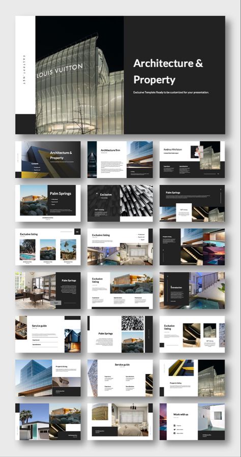 #presentation #business #PowerPoint #design #template #pptx #art #simple #digitalart #architecture #property #realtor Presentation Design Colorful, Black And White Presentation, Listing Real Estate, Clean Architecture, Landscape Urbanism, Simple Powerpoint Templates, Presentation Design Layout, Page Layout Design, Proposal Design