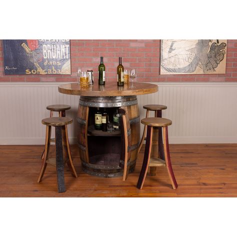 Introducing our Wine Barrel Designs 4-Person Barrel Bar Set with Storage - a stunning and functional addition to your home decor. Wine Barrel Bar Stools, Wine Barrel Fire Pit, Wine Barrel Bar, Wine Barrel Table, Cafeteria Table, Nautical Interior, Cabinet Base, Wine Barrel Furniture, Barrel Bar