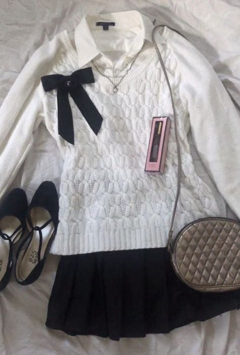 White And Black Winter Outfits, Black And White Girly Outfits, Coquette Clothing Pieces, White Shirt Black Skirt Formal, Coquette Black Skirt Outfit, How To Style White Sweater Vest, White Sweater Coquette, Cute Outfit Girly, Simple Coquette Outfit