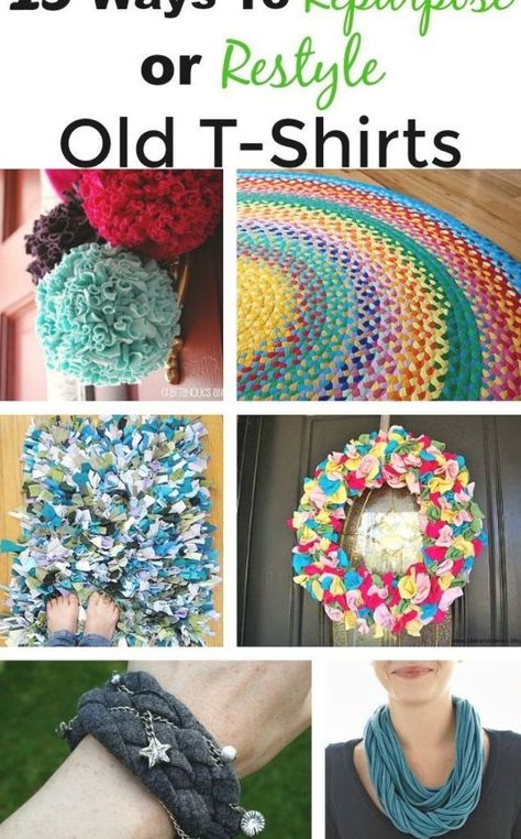 Don't throw out those t-shirts that you've been holding on to! Here are 15 great ideas for repurposing or restyling old t-shirts. Diy Old Shirts, Tee Shirt Crafts, Diy Recycled Projects, Upcycle Clothes Diy, Diy T Shirt, Repurposed Clothing, Recycled T Shirts, Recycled Projects, Tshirt Crafts