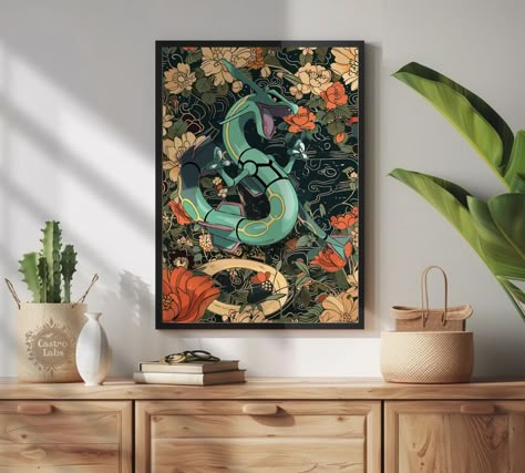 Rayquaza Poster: Japanese Style Pokemon Inspired Anime Artwork Printable Wall Art for Bedroom Decor, Pokemon Blaziken - Etsy Pokemon Bathroom, Pokemon Home Decor, Pokemon Decor, Spooky House, Japanese Style, Bedroom Art, Anime Artwork, Bedroom Wall Art, Game Room