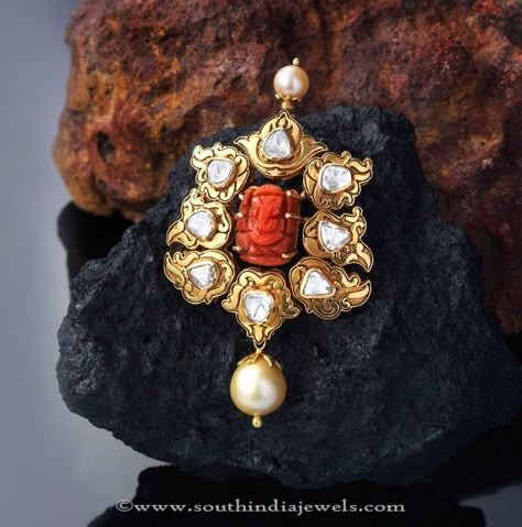 Gold Coral Pendant Designs, Coral Pendant Designs, Indian Coral Pendants. Tanishq Jewellery, Ganesh Pendant, Coral Jewelry Set, Coral Jewellery, Gold Pendent, Gold Jewelry Designs, Pendant Designs, Pendant Locket, Traditional Indian Jewellery