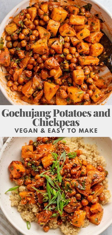 These roasted gochujang potatoes and chickpeas are served over quinoa and all of it cooks on a sheet pan in the oven. Full of flavor and an easy weeknight meal to make when you’re busy. Vegan, fully gluten-free and nut-free. Easy Vegan Gf Meals, Vegan Chickpea Dinner, Vegan Dinner Chickpeas, Vegetarian Food List For Beginners, Easy Chickpea Recipes Lunches, Vegan Dinner Quinoa, Oven Vegetarian Recipes, Nut Free Vegetarian Recipes, Chickpea And Sausage Recipes