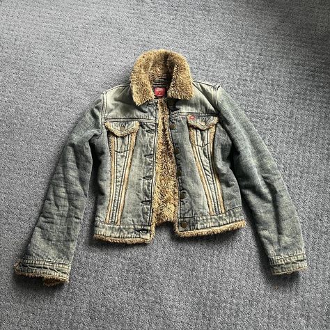 Woman’s vintage y2k miss sixty fur denim jacket... - Depop Jeans Jacket With Fur, Denim Jacket With Faux Fur Lining, Fur Denim Jacket, Miss Sixty Jeans Vintage, Miss Sixty Angel Top, Miss Sixty Jeans, Jacket With Fur, Denim Jacket With Fur, Miss Sixty