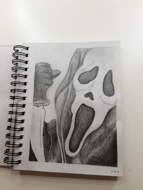 Scream realism drawing ghost face pencil graphite Drawing Ideas Ghost Face, Drawing Ghost Face, Ghost Face On The Phone Drawing, Drawings Of Ghost Face, Scream Ghostface Drawing, How To Draw Scream, Ghost Face Sketch, Scream Knife Drawing, Ghost Face Drawing Easy