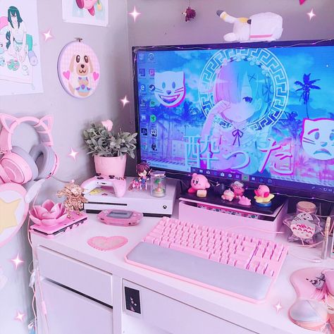 #rem #pc #razer #pink #kawaiiroom #kawaii #anime #setup #razerquartz Kawaii Room Ideas, Cute Gaming, Gaming Setup Ideas, Gaming Room Ideas, Kawaii Bedroom, Kawaii Games, Gamer Setup, Setup Gamer, Otaku Room