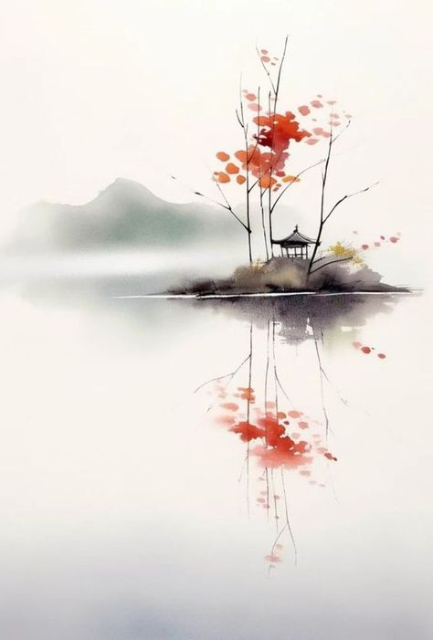 Simple Japanese Painting Ideas, Asian Watercolor Art, Chinese Watercolour Painting, Japanese Style Watercolor, Japan Watercolor Painting, Watercolor Japanese Art, Japanese Watercolor Paintings, Sumi Art, Chinese Watercolor Painting