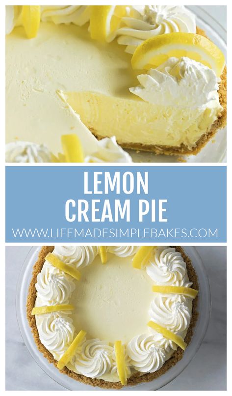 Heavenly lemon cream pie is silky smooth and extra creamy, complete with a graham cracker crust. It's the perfect summer treat! #pie #lemoncreampie #lemon #creampie #dessert Heavenly Lemon Cream Pie, Lemon Crème Pie, Easy Lemon Cream Pie, Lemon Silk Pie, Lemon Cream Pie Recipe, No Bake Lemon Cream Pie, Diner Desserts, Lemon Creme Pie, Creamy Lemon Pie