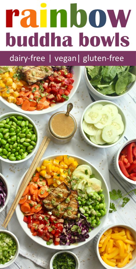 Buddha bowls are my go-to easy and healthy meatless weeknight dinner. This rainbow Buddha bowl recipe is easy to toss together, and you can switch the bowls up with different vegetables, grains and plant-based protein so everyone in your family loves dinner.  #buddhabowlrecipe #buddhabowl #veganrecipe #vegetarianrecipe #meatlessmonday Buddha Bowl Recipe, Buddha Bowls Recipe, Vegan Buddha Bowl, Healthy Bowls Recipes, Buddha Bowls, Healthy Bowls, Crispy Tofu, Different Vegetables, Buddha Bowl