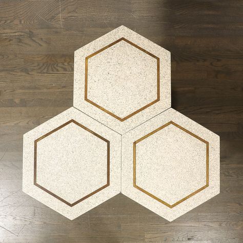 Set of 3 Mid-Century Modernist Hexagonal Terrazzo Side Tables by Harvey Probber This unique Set of Three Mid-Century Modernist Hexagonal Terrazzo Side Tables W/Brass Inlays & Curved Walnut Supports by Harvey Probber originates from the United States, Circa 1950. Each table features a hexagonal terrazzo top in an ivory hue, with a patinated brass inlay. Three sculptural curved walnut legs lend contrast to the geometric top, in a hand-rubbed finish and with excellent proportions. At a highly u... Minimal Interiors, Geometric Top, Brass Inlay, Minimalism Interior, Modern Table, Side Tables, Vintage Decor, Table Furniture, Original Designs