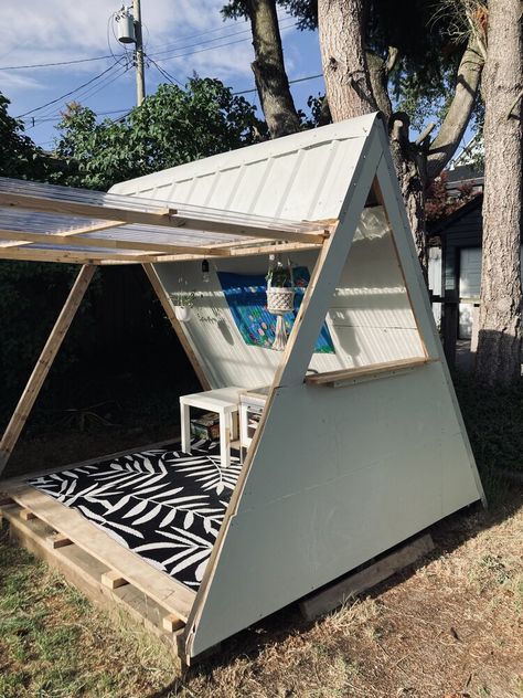 How we DIYed our A-Frame playhouse in our backyard | Petit Architect Terasse Light Ideas, A Frame Cubby House, A Frame Playhouse Diy, Tiny Playhouse, Small Yard Kids, Frame Playhouse, Diy Kids Playhouse, Diy A Frame Cabin, A Frame Playhouse