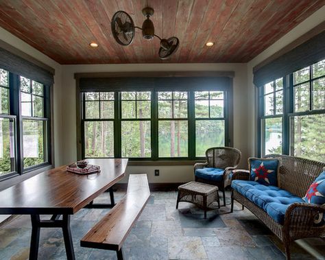 Rustic sunroom with wood ceiling and tile flooring Coastal Va Magazine’s Best Kitchen & Bathroom Remodeler #dogoodwork www.jimhicks.com Craftsman Sunroom, Four Seasons Room Addition, Rustic Sunroom, Modern Craftsman Home, Sunroom Remodel, Craftsman Lighting, Four Seasons Room, Sunroom Addition, Sunroom Decorating