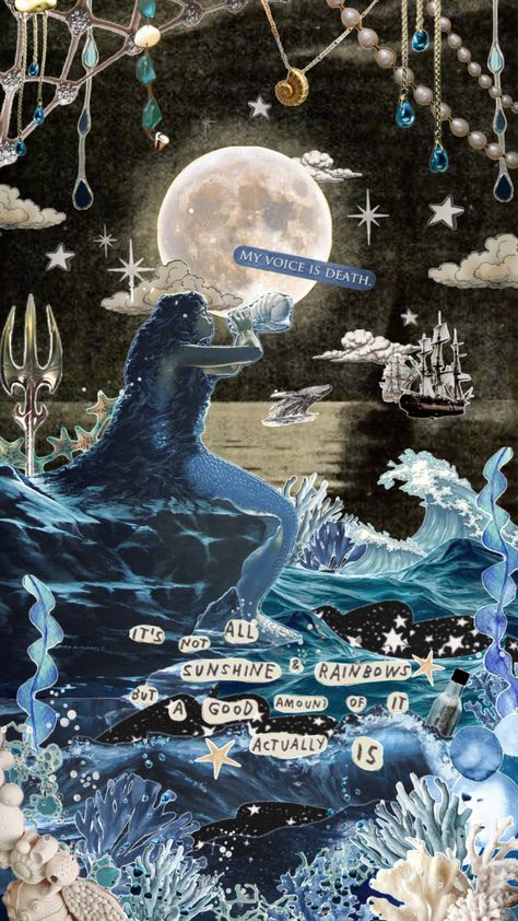 Blue Mermaid Aesthetic, Vintage Moon Art, Mermaid Collage, Mermaid Wallpapers, Laptop Wallpaper Desktop Wallpapers, Vintage Moon, Desktop Wallpaper Art, Mermaid Aesthetic, Beautiful Collage