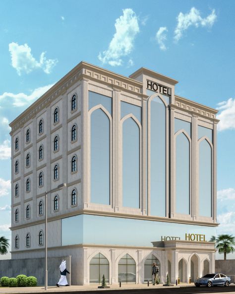 islamic style exterior elevation design hotel | Behance Classic Hotel Design Exterior, Islamic Hotel Design, New Classic Architecture Building, Hotel Elevation Exterior, Hotel Elevation Design, Behance Exterior, Exterior Hotel Design, New Classic Architecture, Elevation Exterior Design