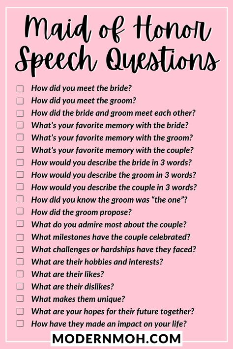 20 Questions to Help You Write Your Maid of Honor Speech Best Friends Wedding Gift, How To Write A Maid Of Honor Speech, Gifts For The Bride From Maid Of Honor, Maid Of Honor Gift Ideas To Bride, Bridesmaid Speech Examples, Maid Of Honor Speech Ideas, Maid Of Honor Speech Examples, Matron Of Honor Speech, Best Friend Wedding Speech