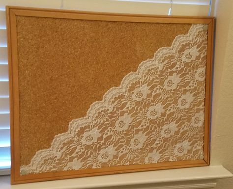 Lace covered cork board! Love this little upgrade to a plain cork board. Great addition to my new office. #corkboard #lace #diy #organization #office #notes #pin #stickynotes #planner #cubicle Fall Cork Board Ideas, Teacher Cork Board Ideas, Cork Vision Board, Pretty Cork Board, Decorate Cork Board, Cork Board Vision Board, Corkboard Ideas, Upcycle Cork Board, Diy Cork Board Ideas Fabric Covered