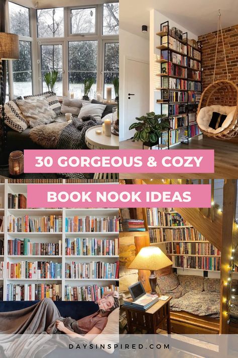 Reading Nook In Loft Area, Loveseat Reading Nook, Cute Reading Room Ideas, Book Nook Design, Book Reading Room Ideas, Book Nook For Adults, Reading Nook By Fireplace, Sunroom With Bookshelves, Book Nook Living Room