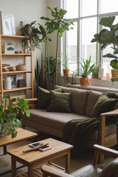 A cozy living room decorated with various shades of green, featuring plants, a beige sofa with green cushions, and wooden furniture, illuminated by natural light from a large window Room Plants, Lush Plants, Green Living Room, Living Room Plants, Green Home, Green Home Decor, Green Accents, Moss Green, Earthy Tones