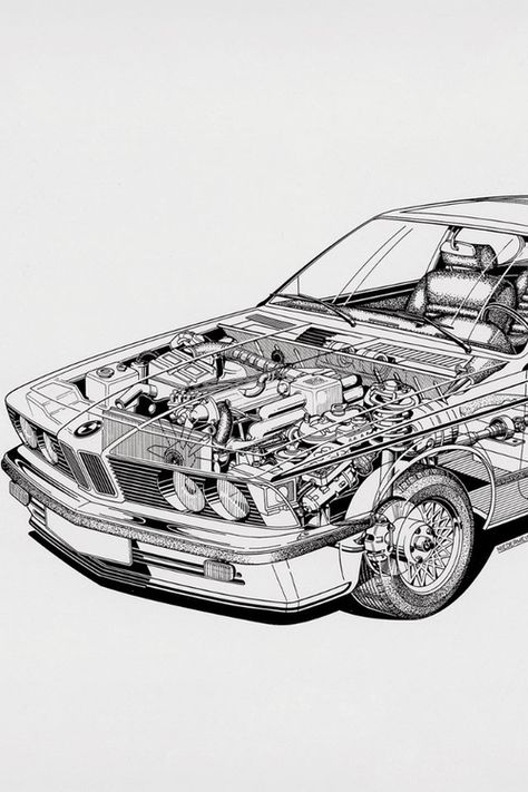 Car Parts Drawing, Car Engine Drawing, E28 Bmw, Bmw 635, Bmw E24, Carros Bmw, Bmw Art, Automotive Illustration, Bmw Engines