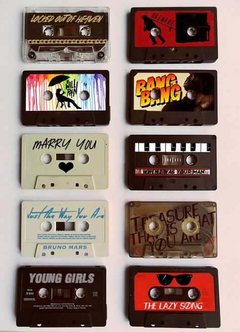 Bruno Mars singles on cassets Cassette Tape Crafts, Cassette Tape Art, Wicked Crafts, Record Painting, Tape Projects, Tape Painting, Wall Painting Decor, Tape Art, Pop Art Wallpaper