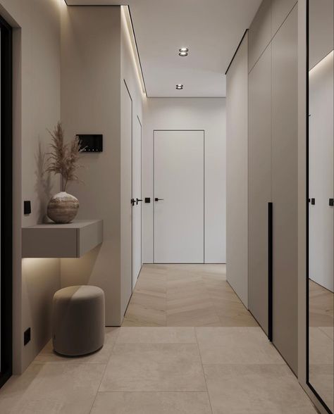 Modern Minimalist Hallway, Contemporary Hallway Ideas, Hall Entrance Design, Corridor Design Home, Corridors Design Home, Corridor Interior Design, Hallway Beige, Corridor Ideas, Vstupná Hala