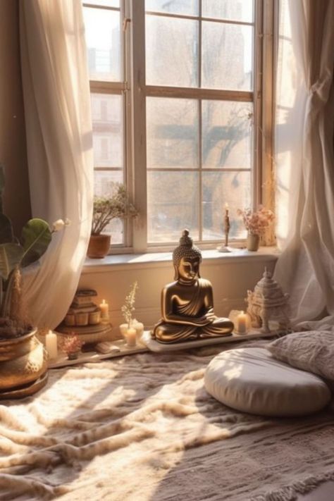 Yoga Room Astethic, Buddhist Meditation Space, Meditation Small Space Ideas, Boho Healing Space, Yoga Altar Meditation Corner, Meditation Decor Ideas, Bedroom Meditation Corner, Meditation Nook In Bedroom, Meditation Room Design Zen Space