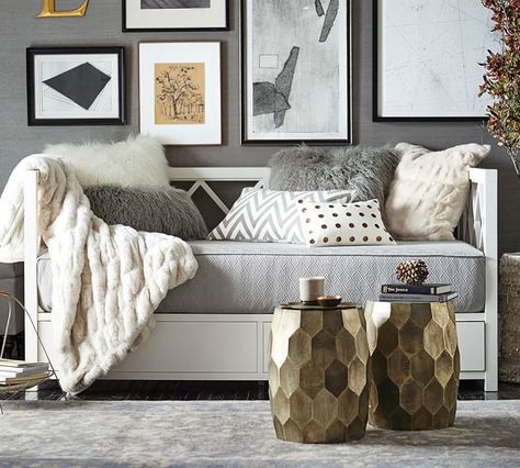 Clara Lattice Storage Daybed || living room decor || spare bedroom || cozy || minimalist || art deco home furniture || affiliate Hexagon Garden, Wall Pottery, Daybed Mattress Cover, Daybed Room, Daybed Mattress, Accent Stool, Daybed With Storage, Fur Pillow, Trendy Living Rooms