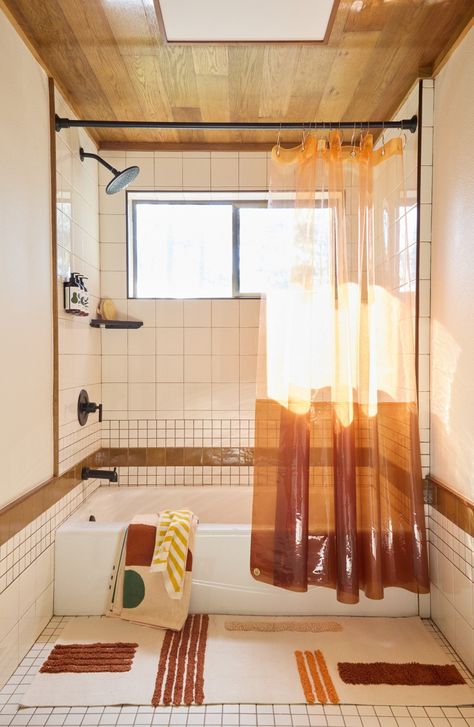 Sun Shower Orient Grass | Orange Shower Curtain | Quiet Town Clear Plastic Shower Curtain, Bathroom Sheer Curtains, Salmon Shower Curtain, Small Bathroom Natural Decor, Studio Ghibli Shower Curtain, Pvc Shower Curtain, Shower Curtain Interior Design, Shower Curtain Long, 1970s Bathroom Vintage