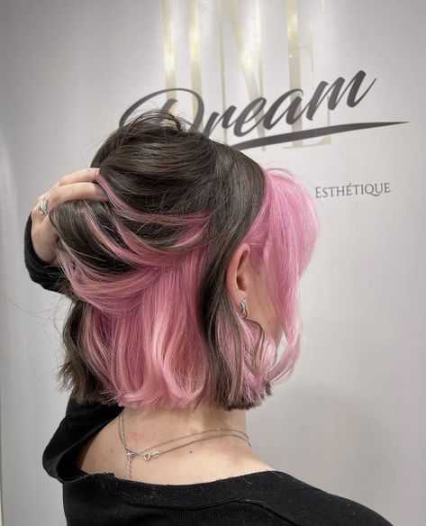 Pink Underneath Hair, Under Hair Dye, Brown And Pink Hair, Under Hair Color, Pink Hair Streaks, Pink Hair Highlights, Pink Short Hair, Underlights Hair, Light Pink Hair