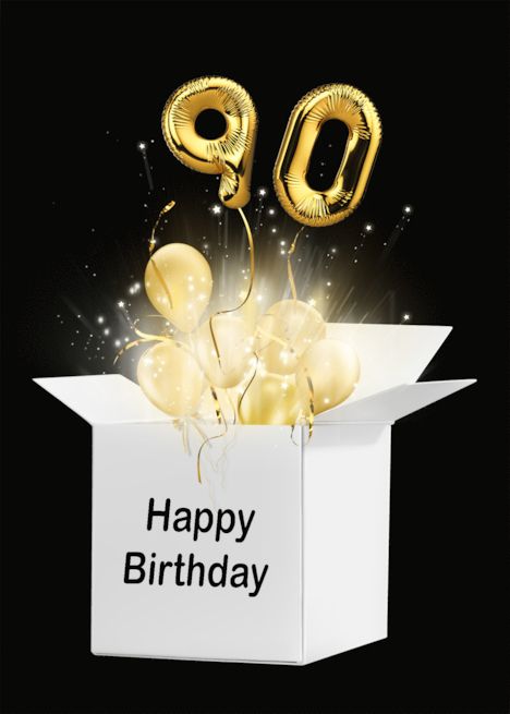 90th Birthday Gold Balloons and Stars Exploding Out of a White Box card 86 Birthday, Dance Cards, 98th Birthday, Fashion Cards, 68 Birthday, 88th Birthday, 76th Birthday, 79th Birthday, 59 Birthday