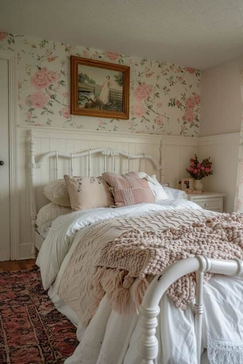 28 Cottage Core Bedroom Decor Ideas » Lady Decluttered Country Core Bedroom, Farmhouse Girls Bedroom Ideas, Floral Farmhouse Decor, Farmhouse Bedroom With Fireplace, Granny Bedroom Aesthetic, Old Lady Bedroom Aesthetic, Girls Farmhouse Bedroom Ideas, Bedroom White And Wood, Girls Farmhouse Bedroom