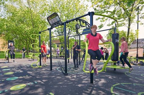 Outdoor exercise equipment is a common feature of multigenerational playgrounds.  This calisthenics rig, above,... Outdoor Gym Equipment, Adult Playground, Happy Rock, Jogging Track, Outdoor Fitness Equipment, Sport Park, Aging Population, Outdoor Park, Interior Design Presentation