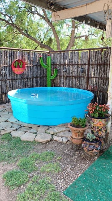 Farmhouse pool decor and inspiration Poly Tank Pool, Small Pool Ideas On A Budget, Poly Stock Tank Pool Ideas, Blow Up Pool Ideas Backyards, Poly Stock Tank Pool, Inflatable Pool Ideas Backyard, Diy Pool Ideas, Cheap Pool Ideas Budget, Poly Stock Tank