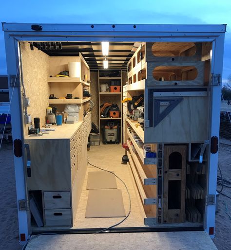 Ron Paulk, Trailer Shelving, Work Truck Storage, Shipping Container Workshop, Tool Trailer, Shipping Container Sheds, Van Organization, Work Trailer, Trailer Organization