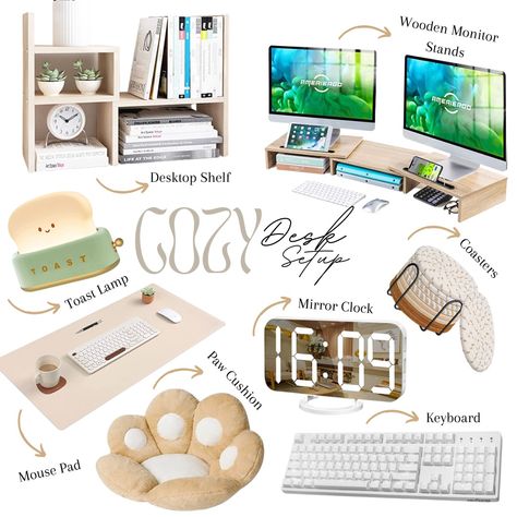 Lovely neutral colors for desk items. Shelf, Lamp, Mouse Pad, Cushion, Monitor stands, Coasters, Mirror Clock, and keyboard. All matching a neutral color palette. Cozy Desk Setup Home Office, Cute Work Desk Setup, Desk Items Office, Cozy Aesthetic Desk Setup, Working Table Aesthetic, Office Items Desk Accessories, Work From Home Desk Setup Aesthetic, Home Office Setup Standing Desk, Computer Desk Accessories