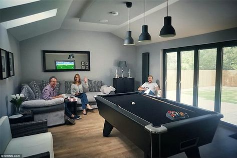 Mark and Siobhan Hamilton's games room in Hamilton, Scotland has an impressive blacked-out... Games Room Bar Ideas, Games Room Pool Table, Games Room Ideas Family, Home Pool Room, Games Room Bar, Games Room Ideas Man Caves, Outdoor Games Room, Man Cave Garden Room, Garden Games Room Ideas