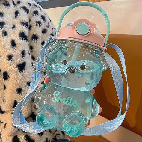 Bear Water Bottle, Kawaii Bear, Straw Bottle, Cute Water Bottles, Straw Cup, Kids Water Bottle, Hand Ring, Botol Air, Rope Design