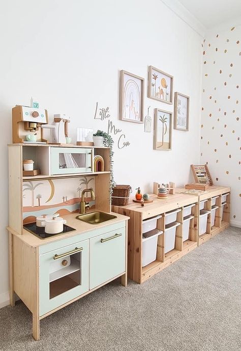 Kids Ikea Hack Playrooms, Playroom Ideas Ikea Trofast, Natural Wood Playroom, Toddler Rooms Ikea, Living Room Montessori Corner, Tiny Play Area, Baby Daycare Room Decor, Baby Girl Montessori Room, Girls Montessori Bedroom