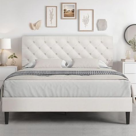 Quilted Bed Frame, White King Bed Frame, White Full Size Bed, Soft Headboard, Tufted Bed Frame, Fabric Upholstered Bed, White Bed Frame, Bed Frame With Headboard, Full Size Bed Frame