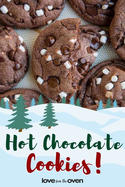 Hot Chocolate Brownies Recipe, Mini Marshmallows Recipes, Marshmallow Cookie Recipes, Hot Chocolate Cookie Recipes, Hot Chocolate Brownies, Chocolate Marshmallow Cookies, Chocolate Christmas Cookies, Chocolate Fudge Cookies, Christmas Cookie Recipes Holiday