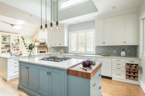 7 Smart Ideas for the End of a Kitchen Island Kitchen Island Ends, White Beveled Subway Tile, Blue Backsplash Kitchen, Narrow Kitchen Island, Beveled Subway Tile, Light Blue Kitchens, Blue Backsplash, Popular Kitchens, Blue Cabinets