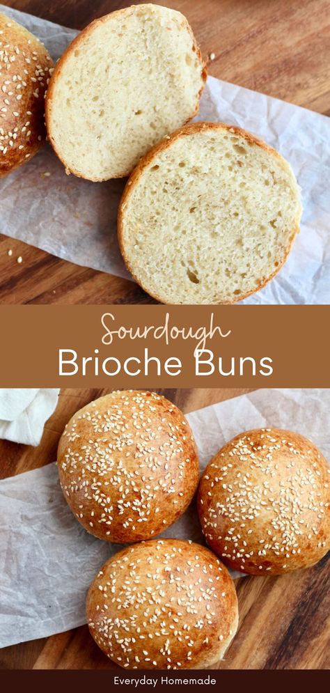 These fluffy and soft Sourdough Brioche Buns are perfect for burgers or sandwiches! This easy recipe uses either active sourdough starter or sourdough discard, and you can make them the same day or let them rise overnight. Make the best homemade hamburgers with this easy sourdough bun recipe! Sourdough Chibatta Buns, Soft Sourdough Hamburger Buns, Sourdough Discard Brioche Buns, Sour Dough Discard Hamburger Buns, Homemade Buns Hamburger, Sourdough Discard Buns Burgers, Sourdough Burger Buns Recipe, Sourdough Buns Recipes, Sourdough Discard Burger Buns