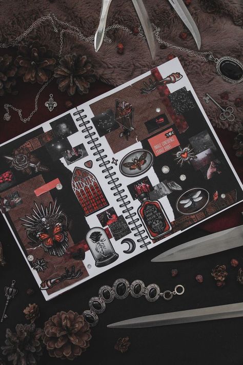 Red Gothic Aesthetic, Aesthetic Bujo Ideas, Dark Academia Collage, Academia Collage, Aesthetic Bujo, Red Journal, Black Journal, Collage Black, Red Gothic