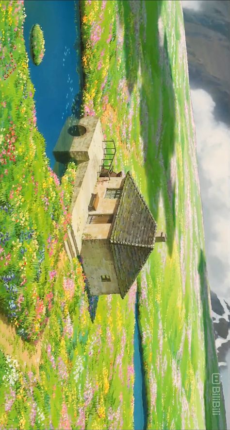 Cute Scenery, Howl's Moving Castle Aesthetic, Howls Moving Castle Wallpaper, Ghibli Background, Ipad Layout, Studio Ghilbi, Printable Wall Collage, Studio Ghibli Background, Paint Inspo