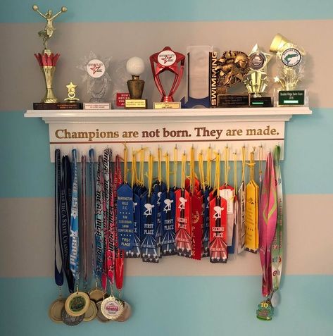 Award Shelves, Trophy Display Shelves, Medals And Trophies, Diy Trophy, Trophy Shelf, Trophy Display, Shelf Diy, Award Display, Medal Holder