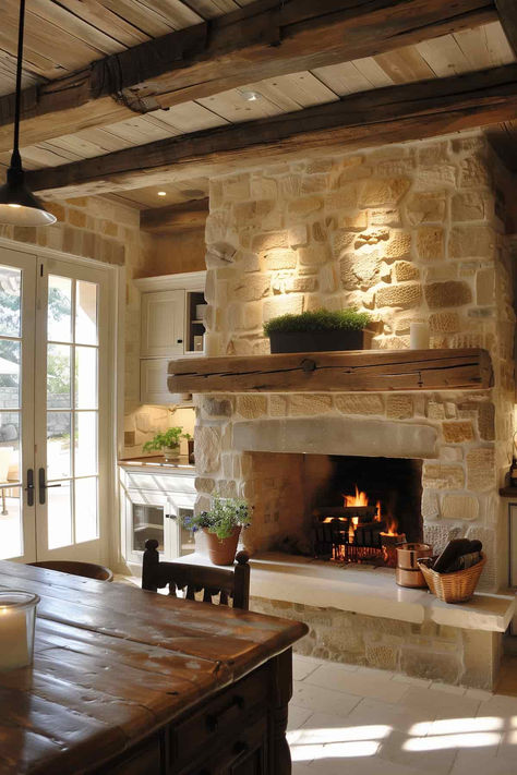 37 French Country Kitchen Ideas for a Rustic, Elegant Cooking Space Hearth Room Off Kitchen With Fireplace, French Country Fireplace Ideas, French Country Fireplace, French Country Kitchen Ideas, Stone Fireplace Designs, English Cottage Interiors, Country Kitchen Ideas, Log Cabin Rustic, Country Dining Rooms